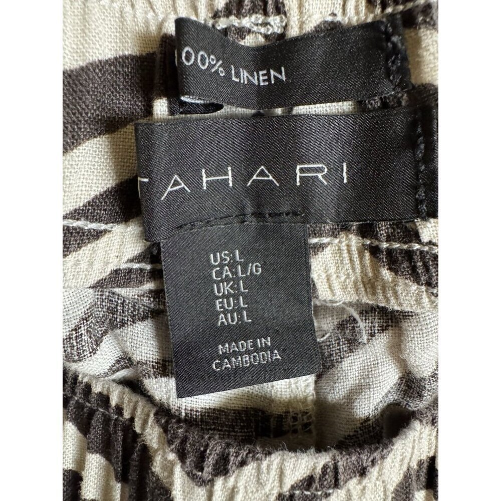 Tahari 100% Linen Wide Leg Pants Brown White Zebra Print Size L - Picture 5 of 6